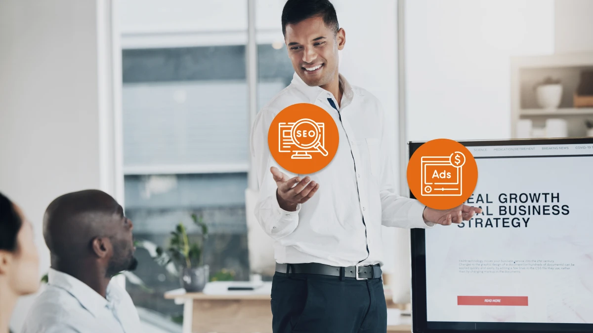 Man presenting with SEO and Ads icons
